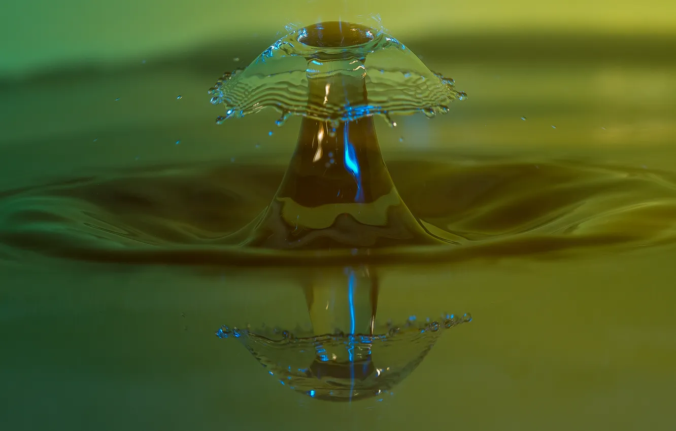 Фото обои вода, брызги, капля, всплеск, воронка, зелёный фон