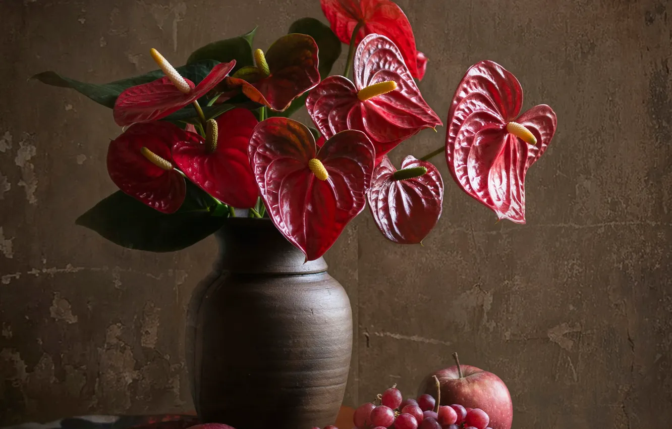 Фото обои цветы, Red, фрукты, натюрморт, мужское счастье, композиция, антуриум