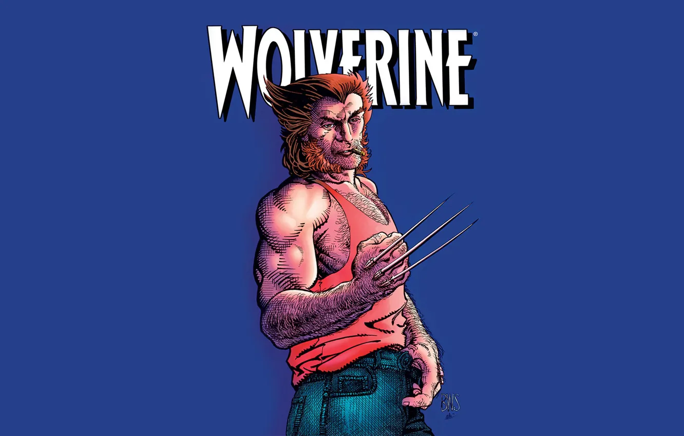 Фото обои фон, джинсы, майка, когти, сигара, Росомаха, Логан, Wolverine