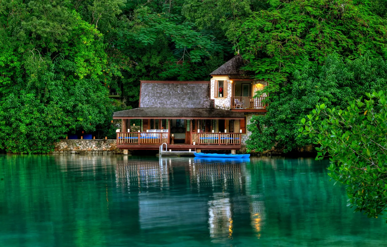 Фото обои зелень, листья, вода, деревья, дом, отражение, отдых, остров