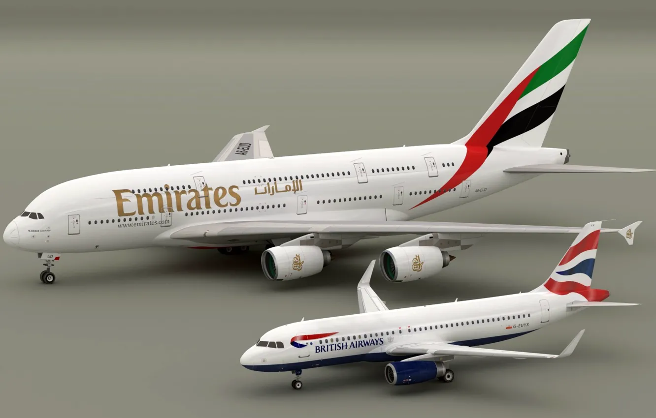 Фото обои models, Airbus A320 British Aiways, Airbus A380 Emirates, Blender3D