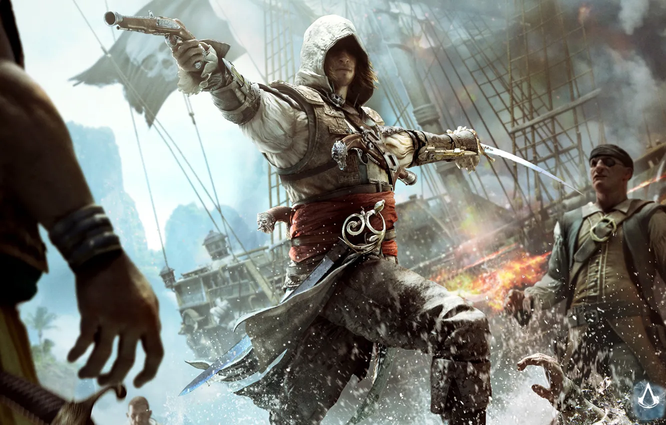 Фото обои пистолет, корабль, меч, флаг, пират, ассасин, Эдвард Кенуэй, Assassin's Creed IV: Black Flag