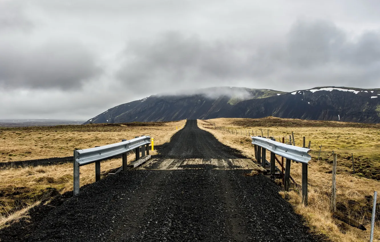 Фото обои дорога, пейзаж, горы, мост, Iceland, Eyjafjardarsysla