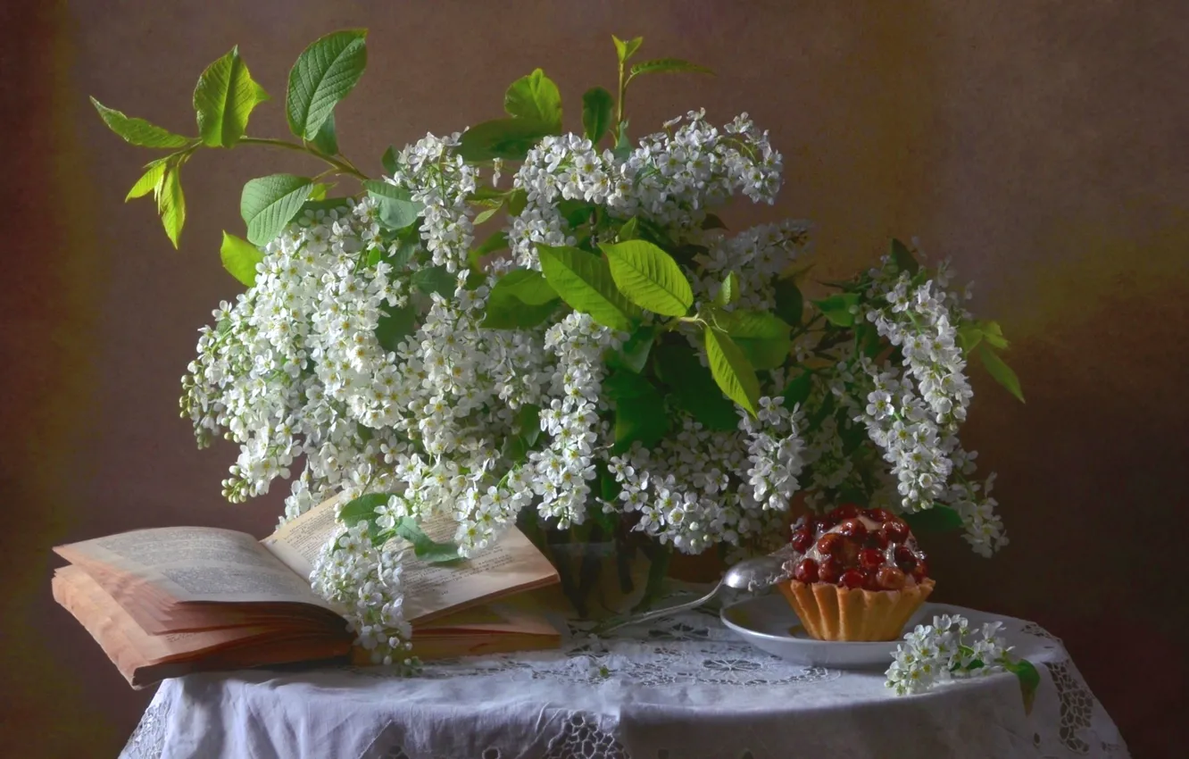 Фото обои still life, book, blossoms, bird cherry
