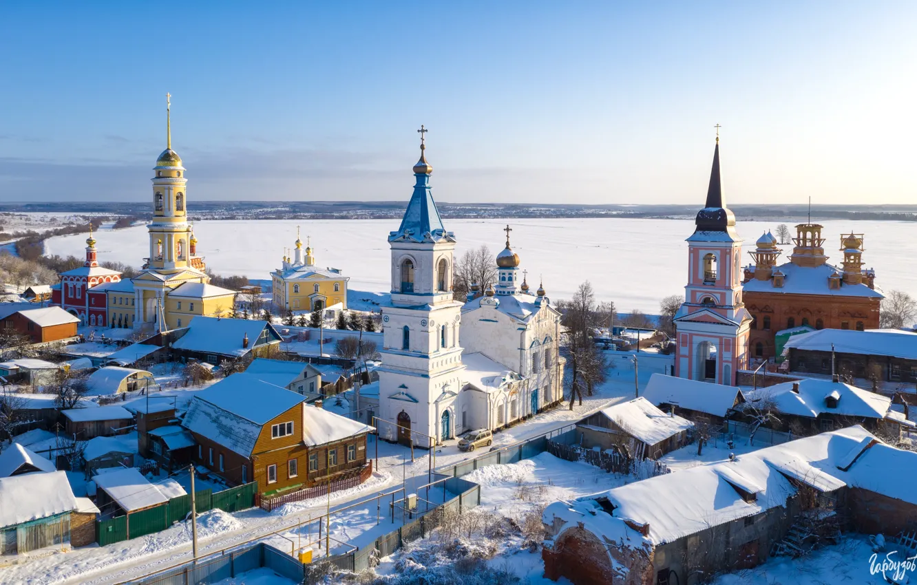 Фото обои зима, снег, пейзаж, город, дома, церкви, Илья Гарбузов, Белёв
