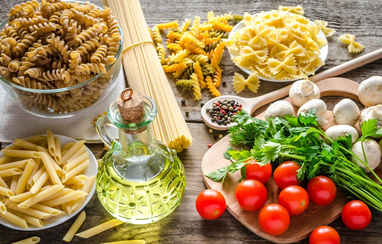 Фото обои зелень, грибы, масло, помидоры, макароны