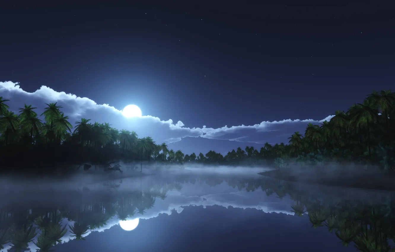 Фото обои Природа, Красота, Nature, Clouds, Stars, Reflection, Palm trees, Body of Water