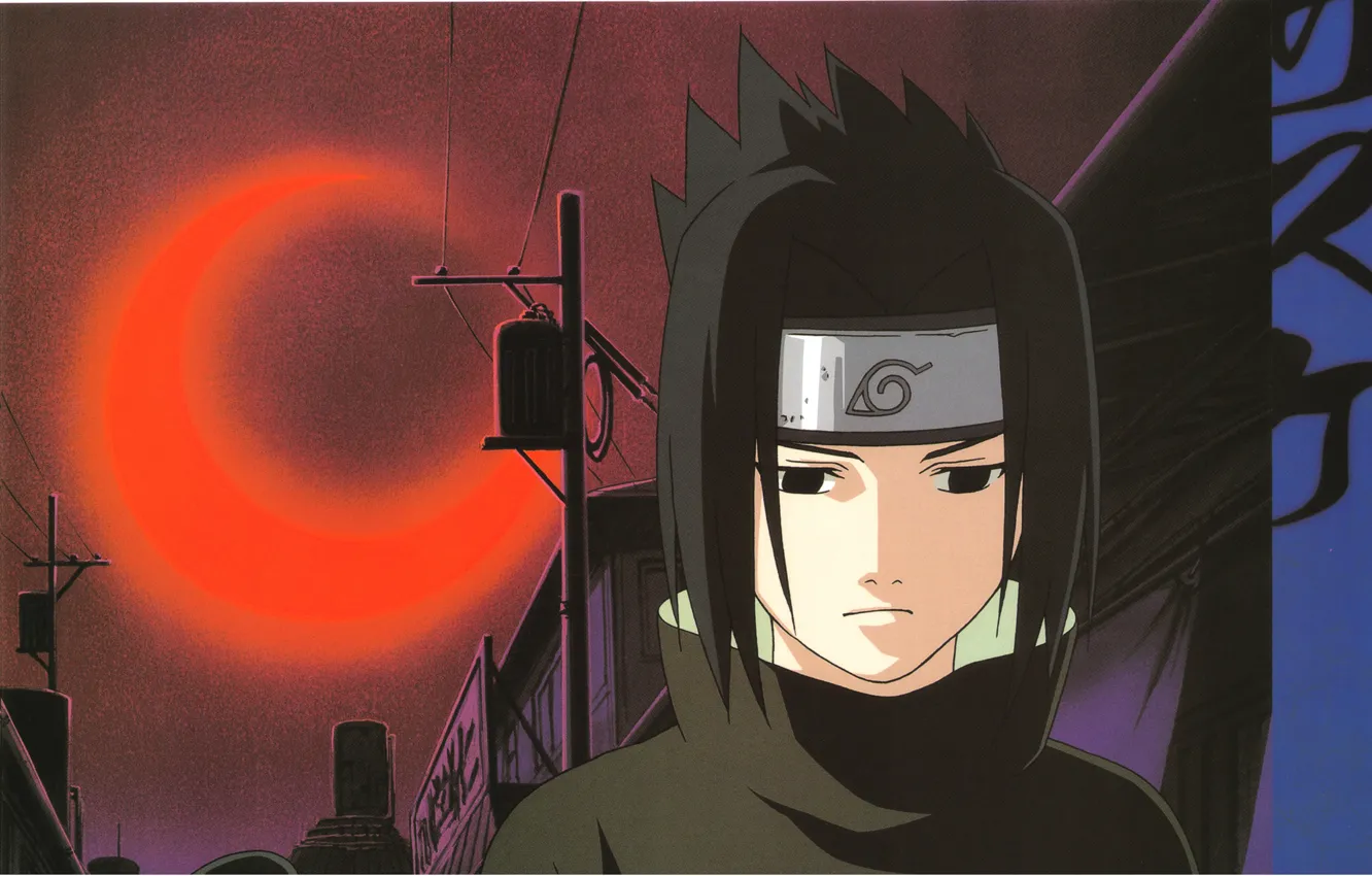 Фото обои Naruto, Sasuke Uchiha, кровавая луна, Коноха, Kanoha, повязка на лоб