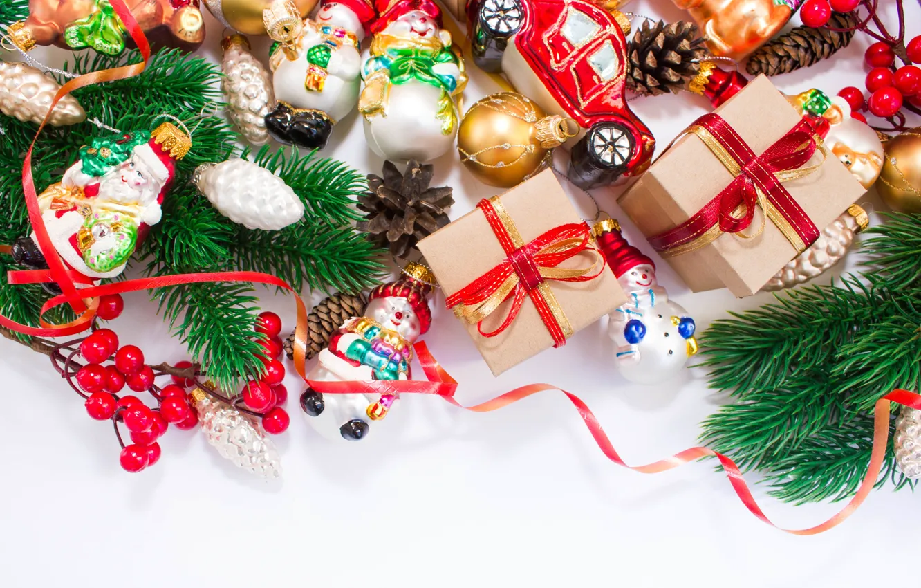 Фото обои украшения, ветви, игрушки, елка, подарки, Новый год, holidays, Christmas