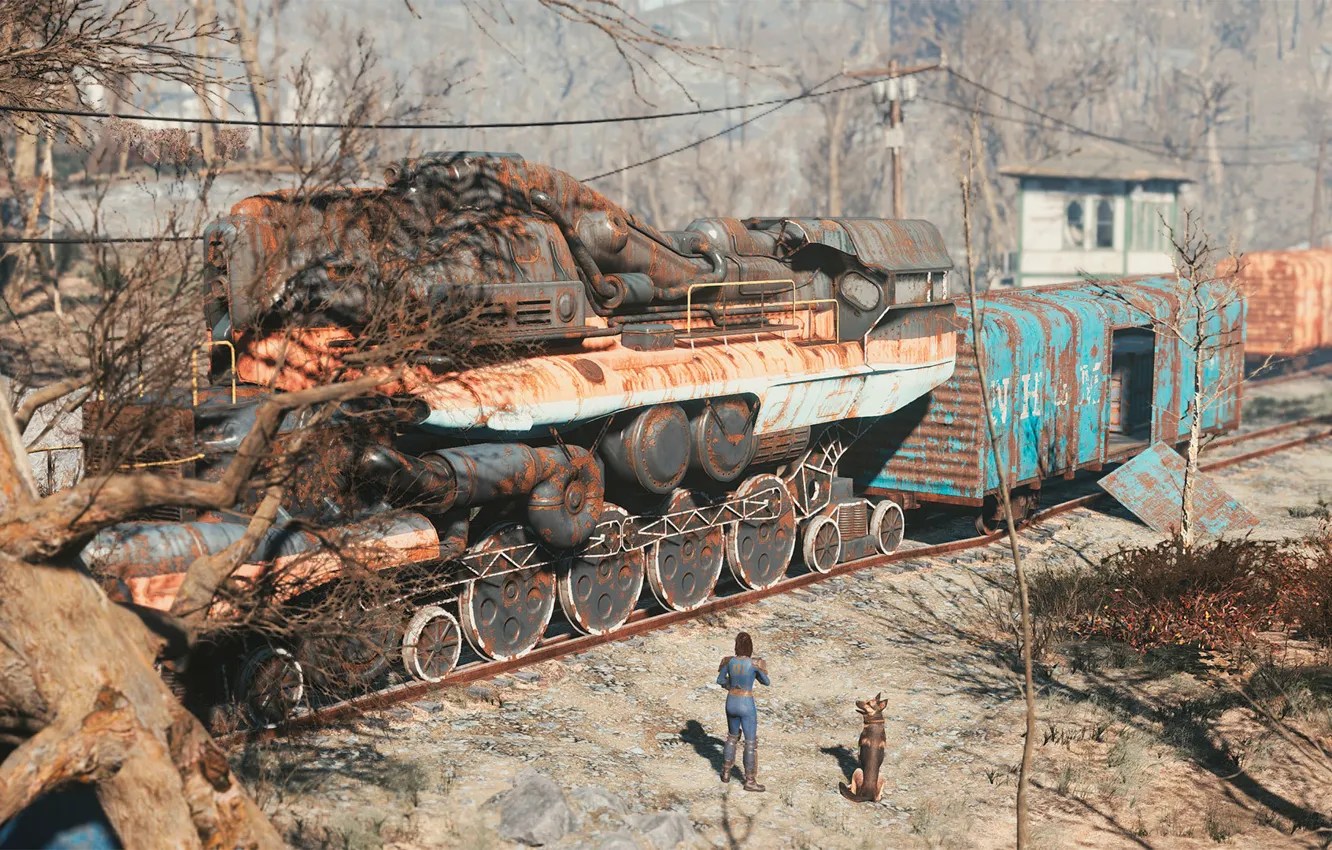 Фото обои девушка, поезд, собака, Fallout 4, Nowhere ride
