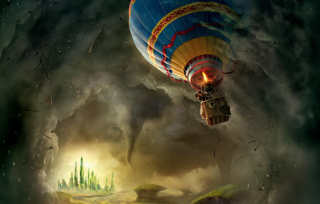 Фото обои воздушный шар, замок, фэнтези, смерч, ураган, летит, постер, гондола