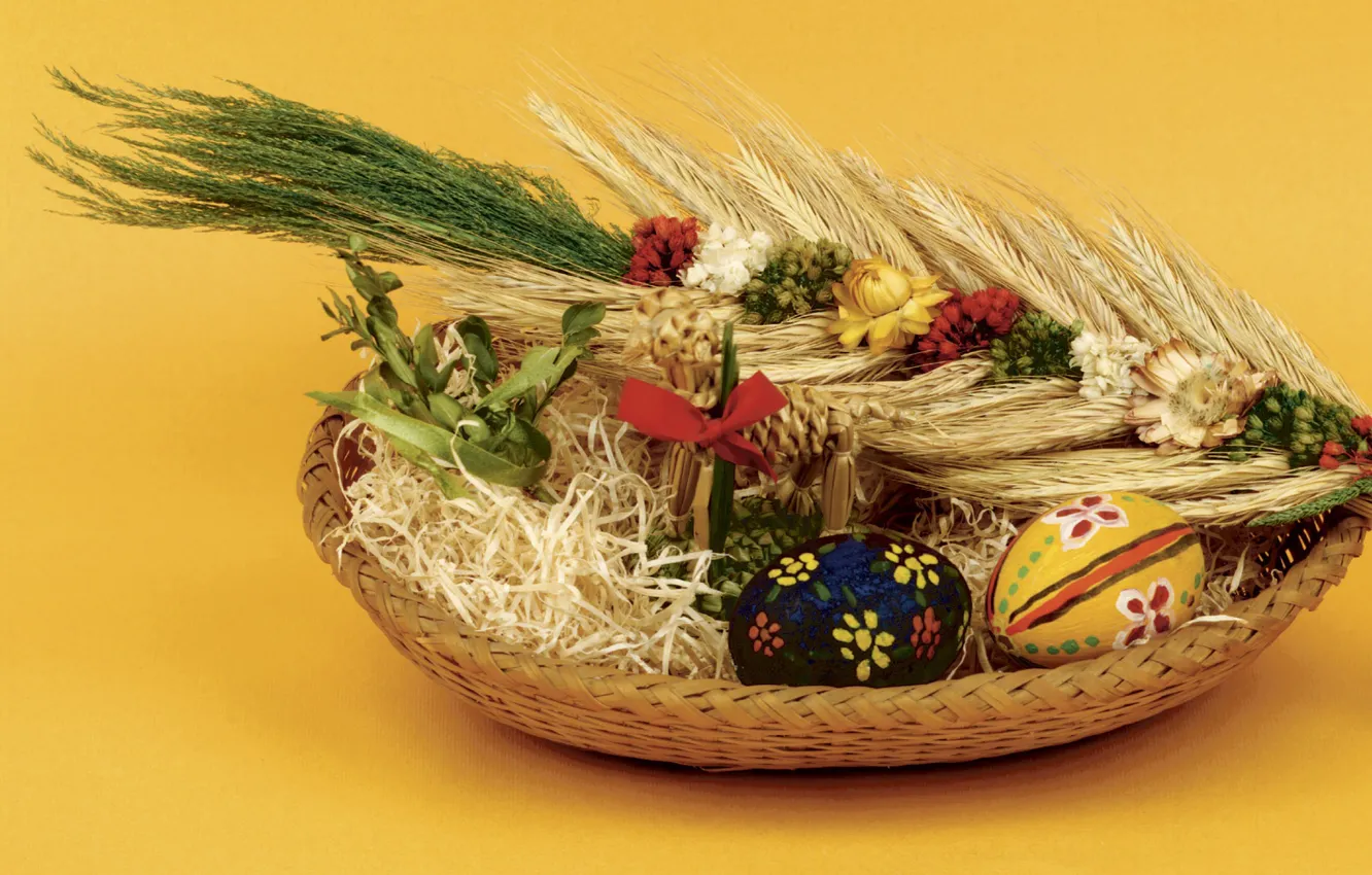 Фото обои яйца, Пасха, колосья, корзинка, писанка