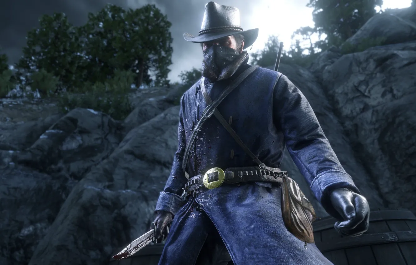 Фото обои горы, шляпа, маска, нож, перчатки, револьвер, Rockstar, Бандит