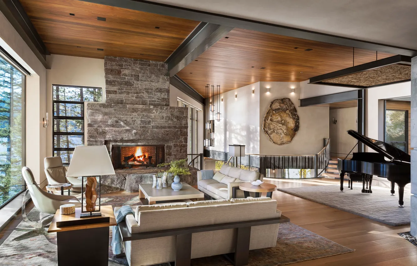 Фото обои вилла, интерьер, рояль, камин, гостиная, Idaho, Cliff House