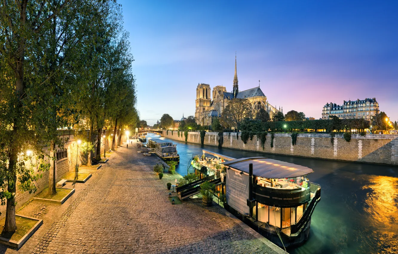 Фото обои деревья, мост, город, река, Франция, Париж, лодки, вечер