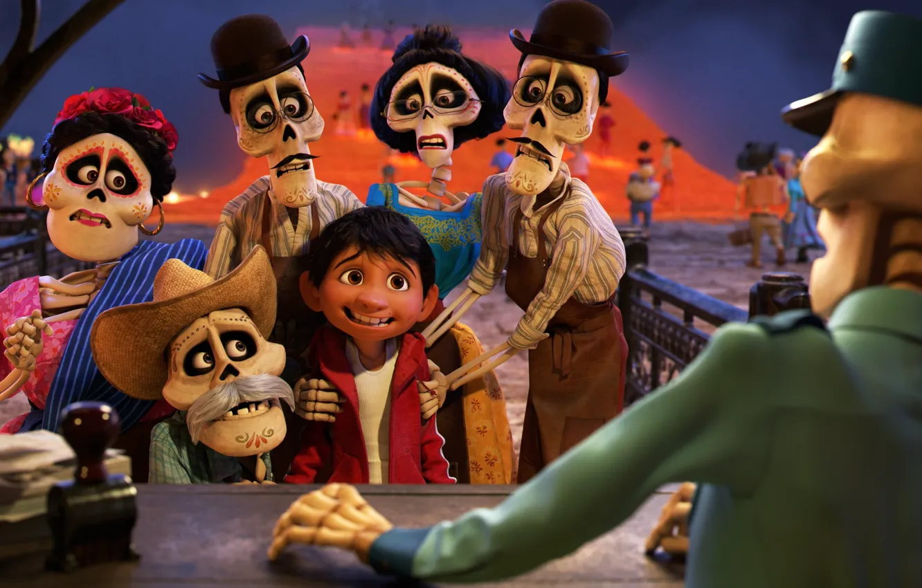 Фото обои Pixar, hat, eyes, boy, Coco, animated film, bones, animated movie