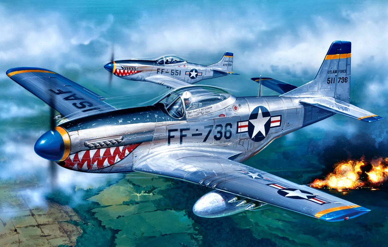 Фото обои Mustang, South Korea, 1950, U.S. Air Force, Korean War, 12th FBS, 18th FBG, F-51D