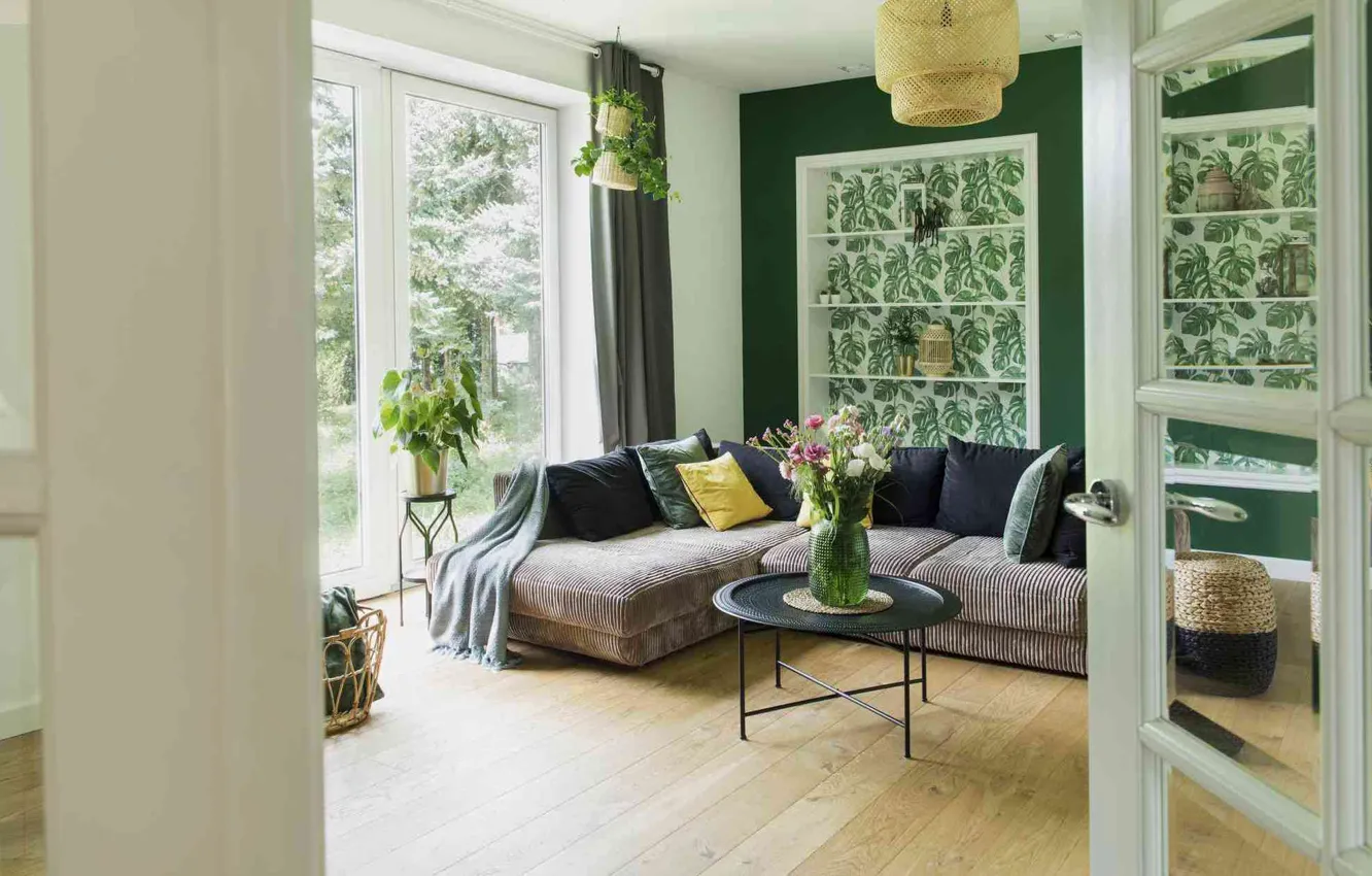 Фото обои цветы, дизайн, комната, интерьер, софа, зеленая, гостиная