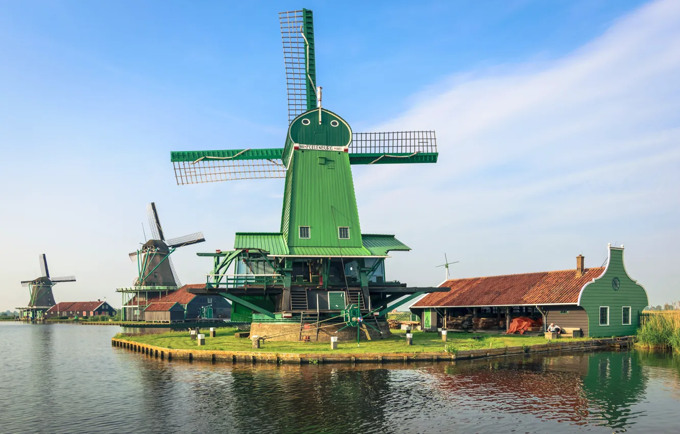 Фото обои небо, солнце, река, деревня, мельницы, музей, Нидерланды, Zaanse Schans