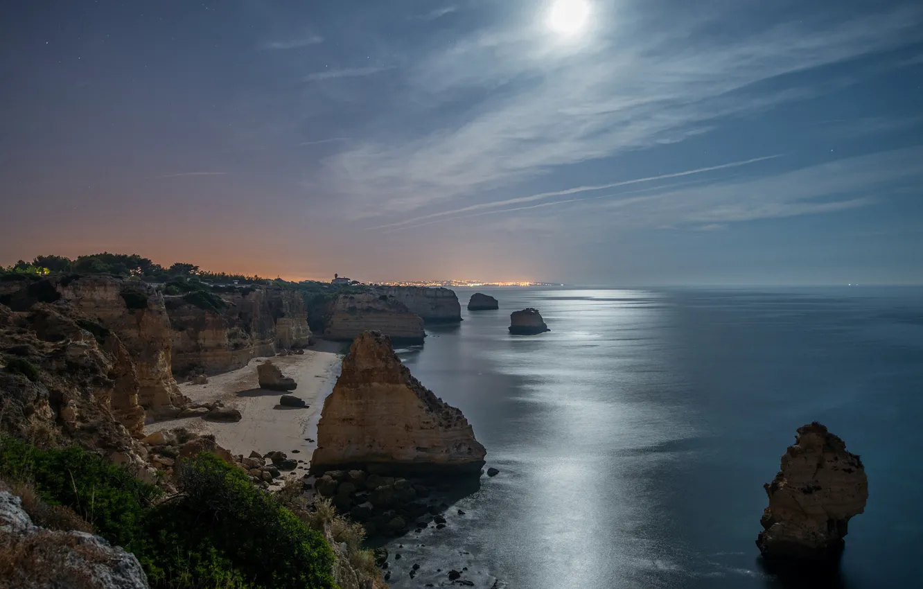 Фото обои light, moon, sea, night, rocks, romantic, harmony