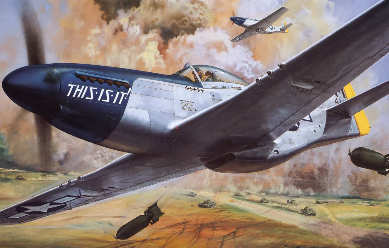 Фото обои авиация, рисунок, mustang, истребитель, арт, самолёт, roy cross, p-51