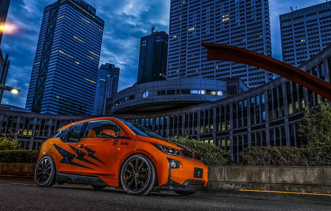 Фото обои BMW, City, Orange, Night, Side, Tuning, BMW i3, 3D Design