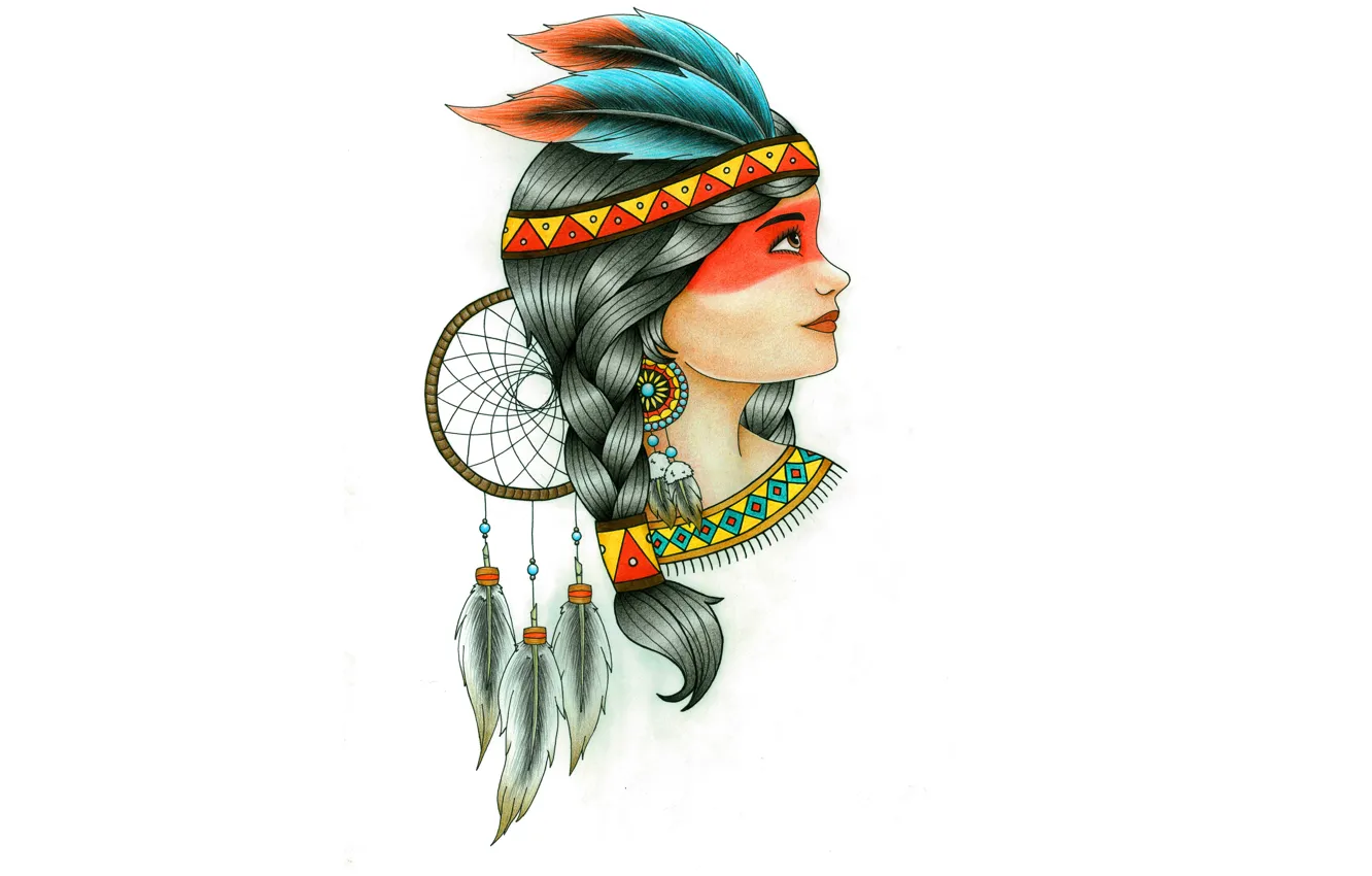 Фото обои девушка, перья, индеец, indian, Dreamcatcher, ловец снов