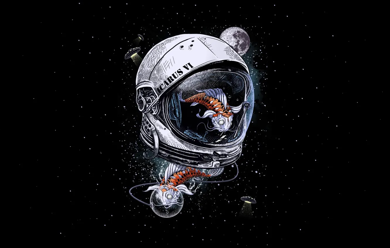 Фото обои Минимализм, Звезды, Аквариум, Скафандр, Космос, Рыбка, Стиль, Fish