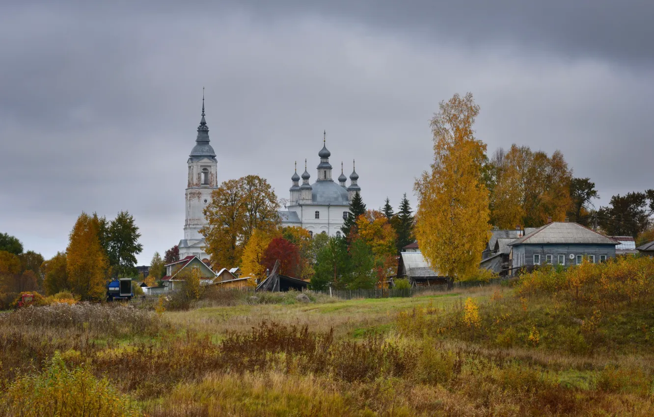 Фото обои осень, деревня, церковь, храм, домик, Россия