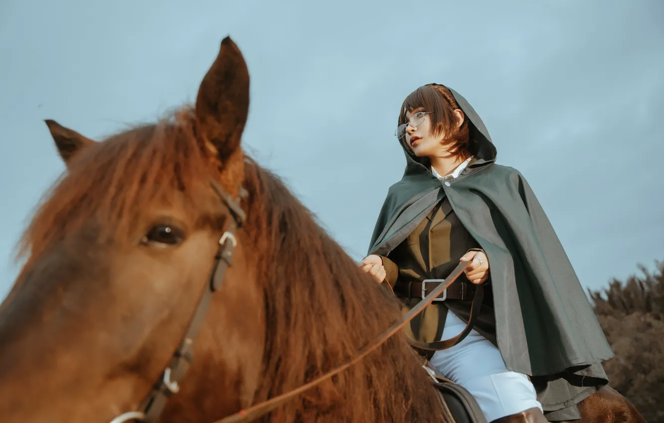 Фото обои Beautiful, Asian, Model, Woman, Glasses, Pretty, Outdoor, Horse