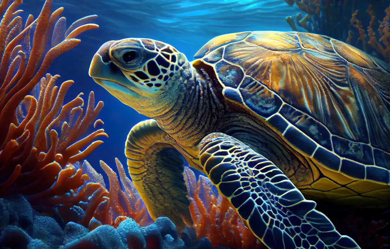 Фото обои Кораллы, Морда, Черепаха, Подводный мир, Сбоку, Цифровое искусство, ИИ-арт, Искусство искусственного интеллекта