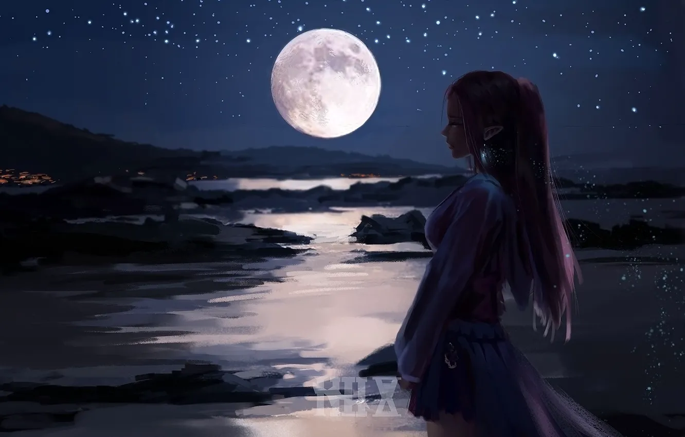Фото обои девушка, ночь, луна