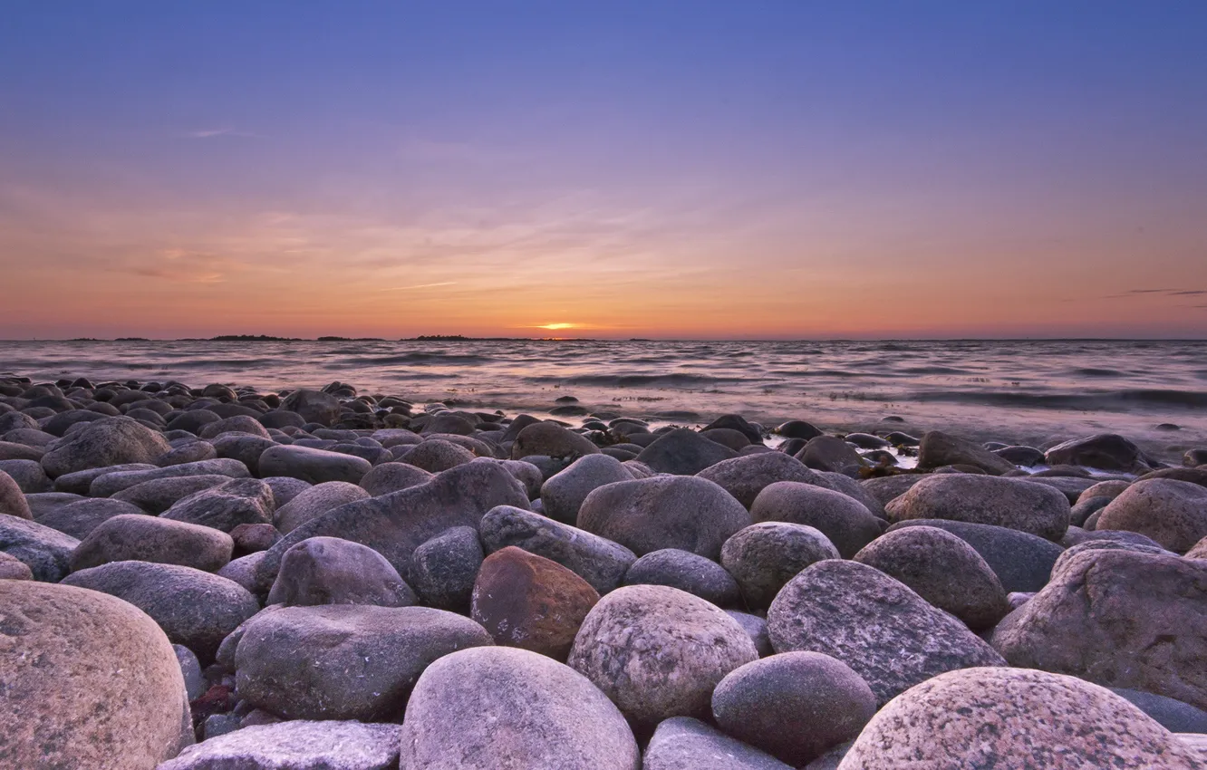 Фото обои море, закат, камни, побережье, Финляндия, Finland, Hanko