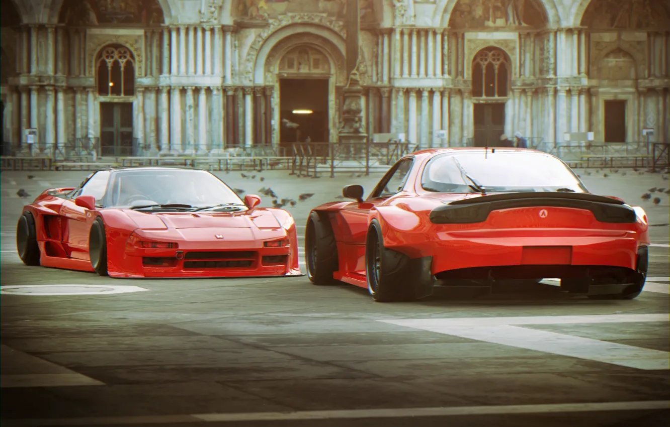 Фото обои Красный, Авто, Машина, Mazda, Honda, RX-7, NSX, Mazda RX7