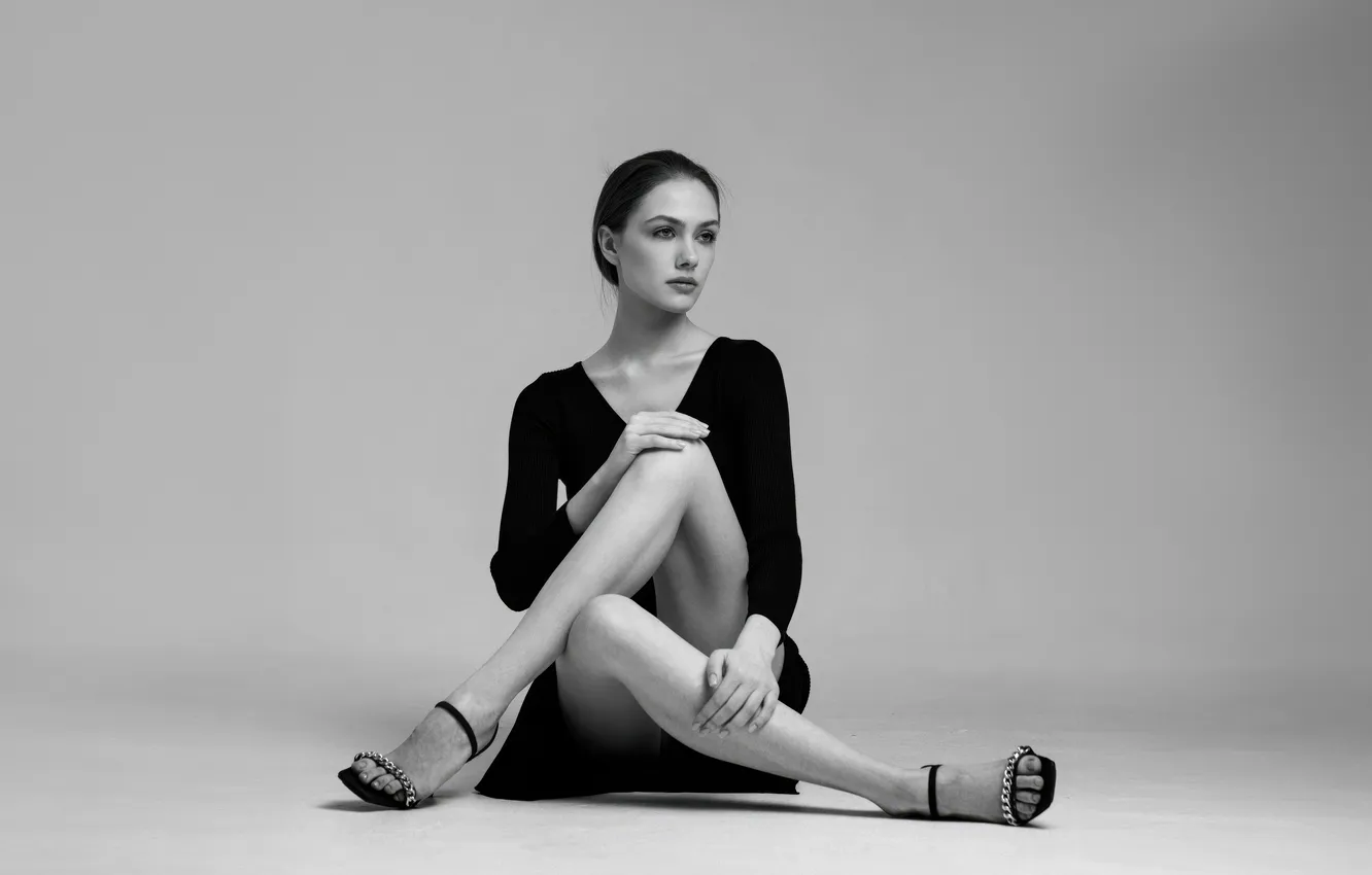 Фото обои girl, monochrome, sitting