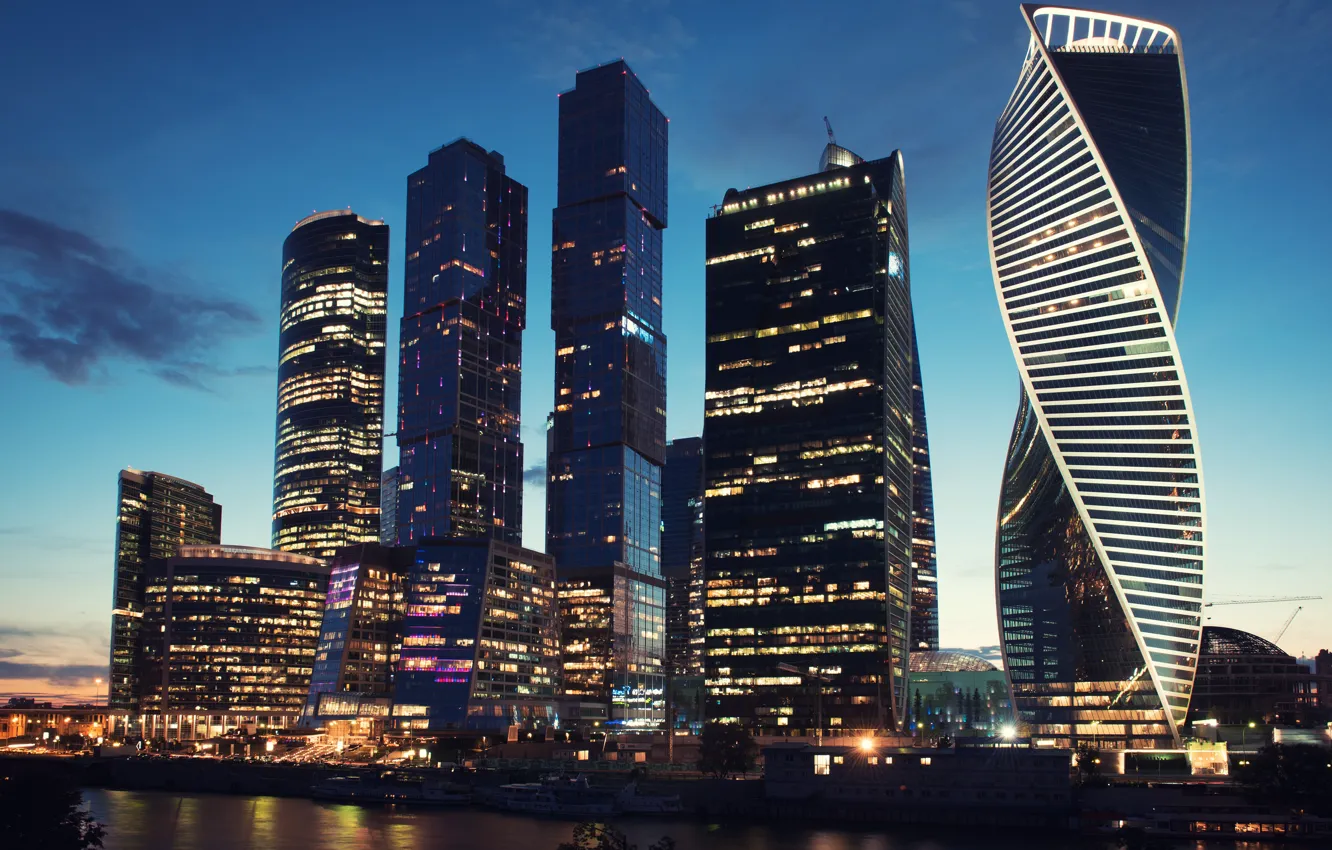 Фото обои Вечер, Город, Река, Москва, Небоскрёбы