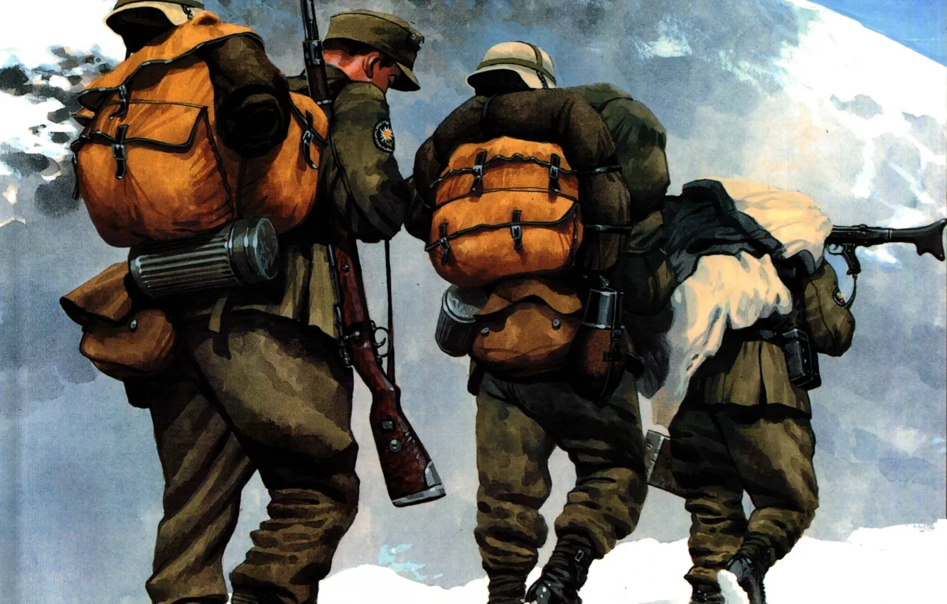 Фото обои снег, горы, рисунок, солдаты, винтовка, пулемёт, амуниция, Вторая мировая война