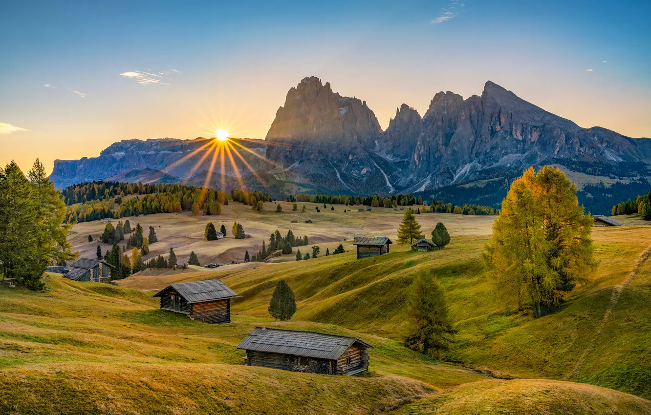 Фото обои Солнце, Природа, Горы, Деревня, Альпы, Италия, Рассветы и закаты, South Tyrol