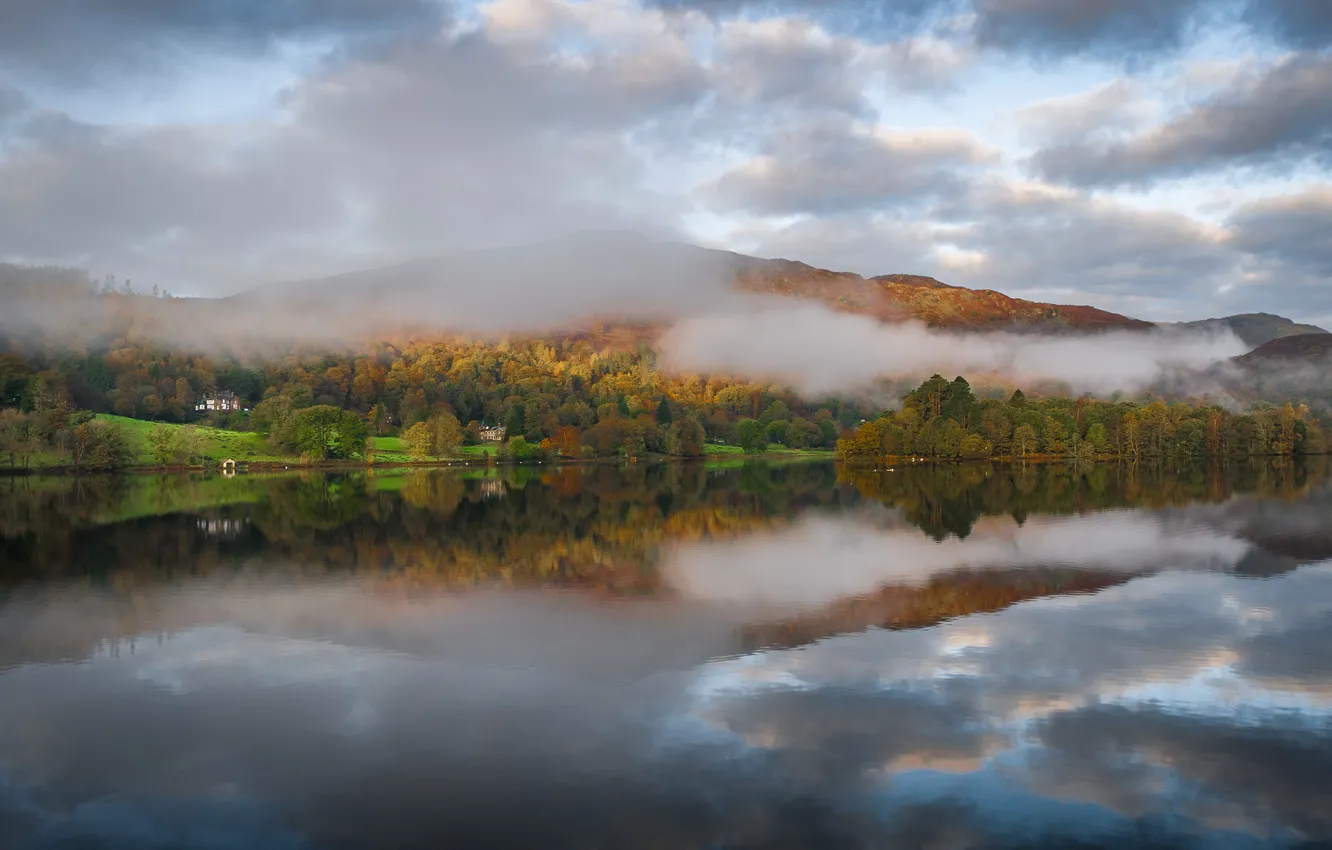 Фото обои осень, горы, туман, озеро, Англия, Камбрия