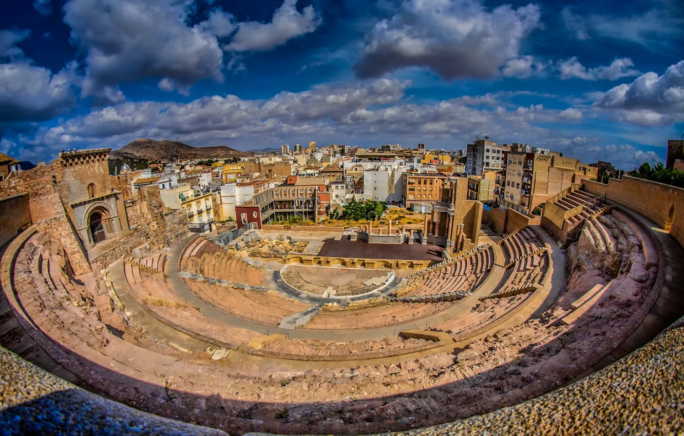 Фото обои панорама, Испания, амфитеатр, Картахена, Римский театр