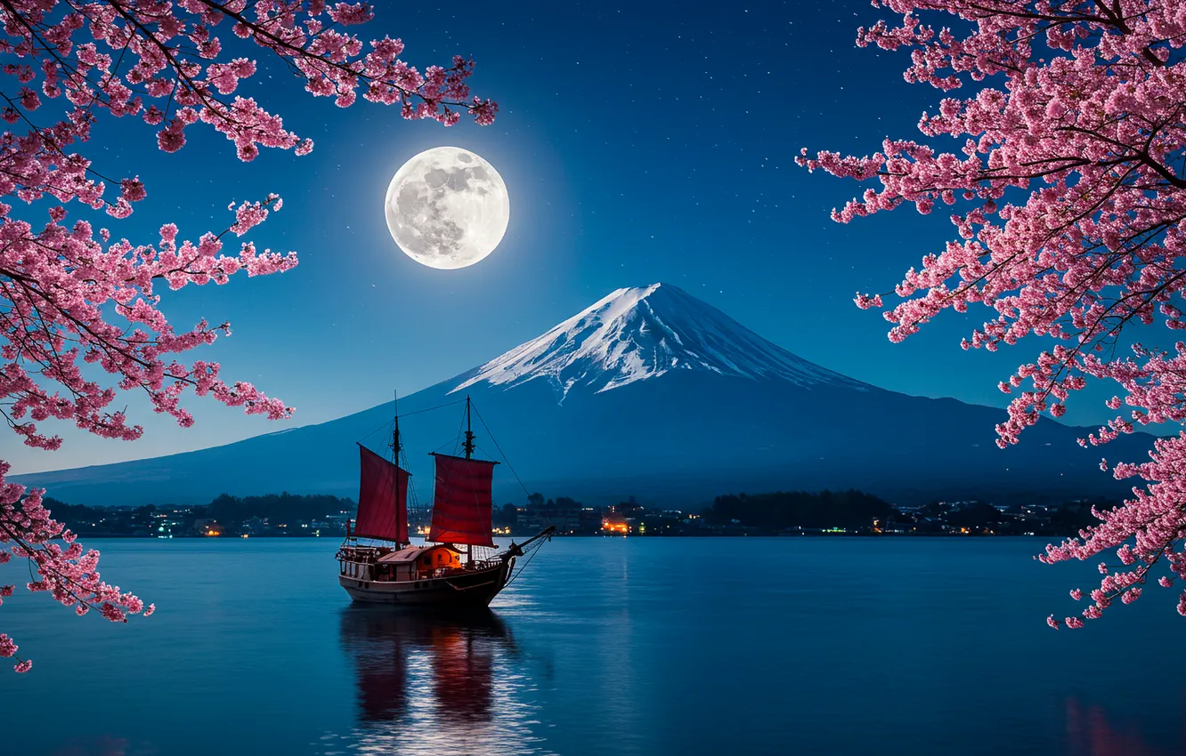 Фото обои вода, ночь, луна, лодка, сакура, wallpaper, moon, water