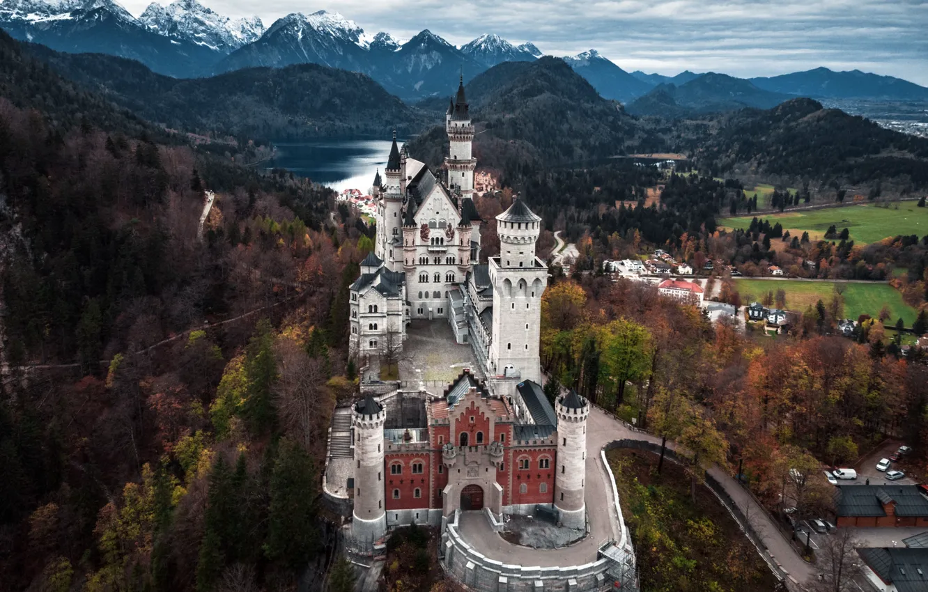 Фото обои осень, небо, горы, озеро, замок, вид, красота, Германия