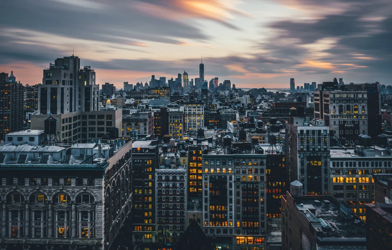 Фото обои ночь, city, город, огни, небоскребы, new york, нью - йорк