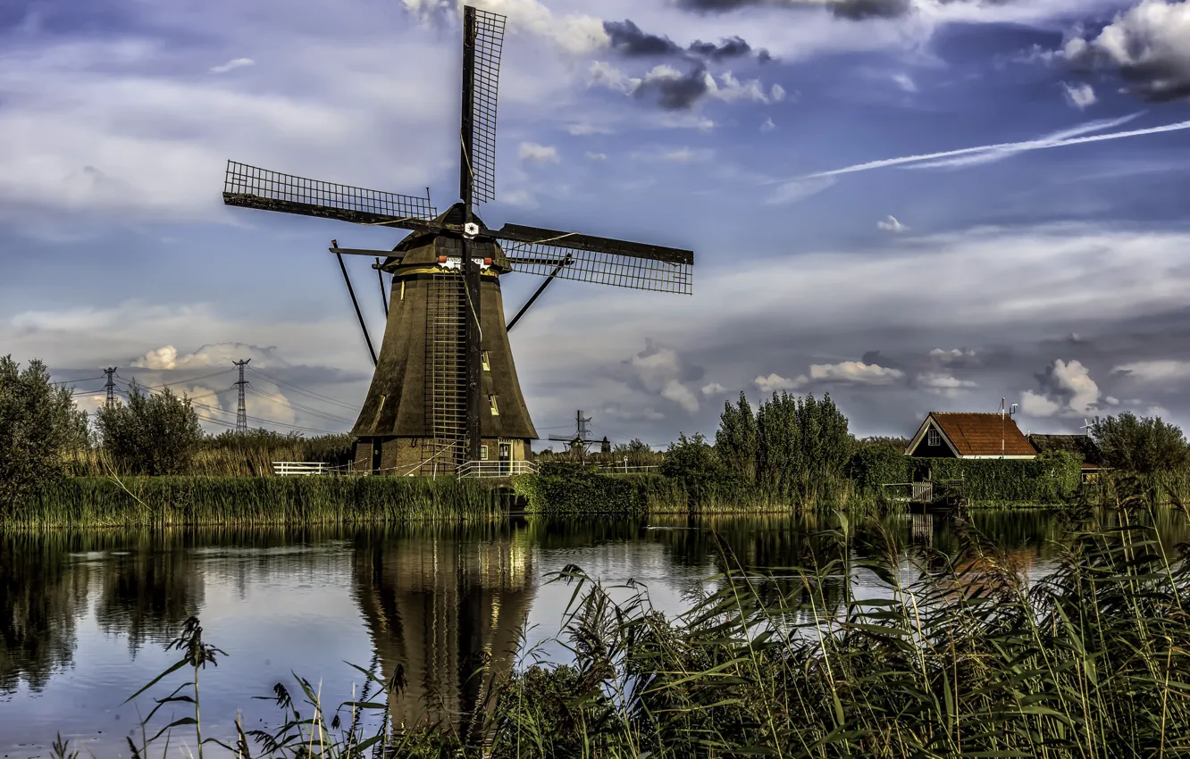 Фото обои мельница, канал, Голландия, Нидерлпнды