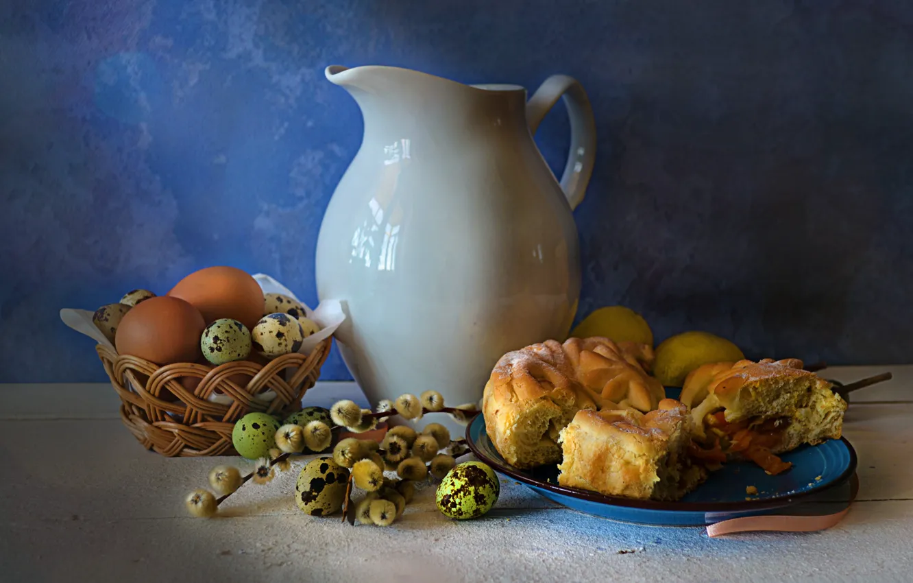 Фото обои стол, яйцо, еда, тарелка, пирог, Пасха, посуда, натюрморт