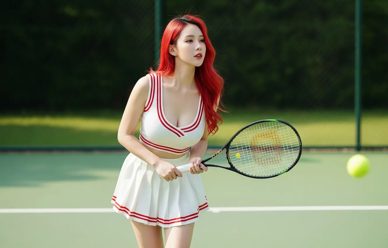Фото обои redhead, ball, tennis court, tennis rackets, AI art, short clothes