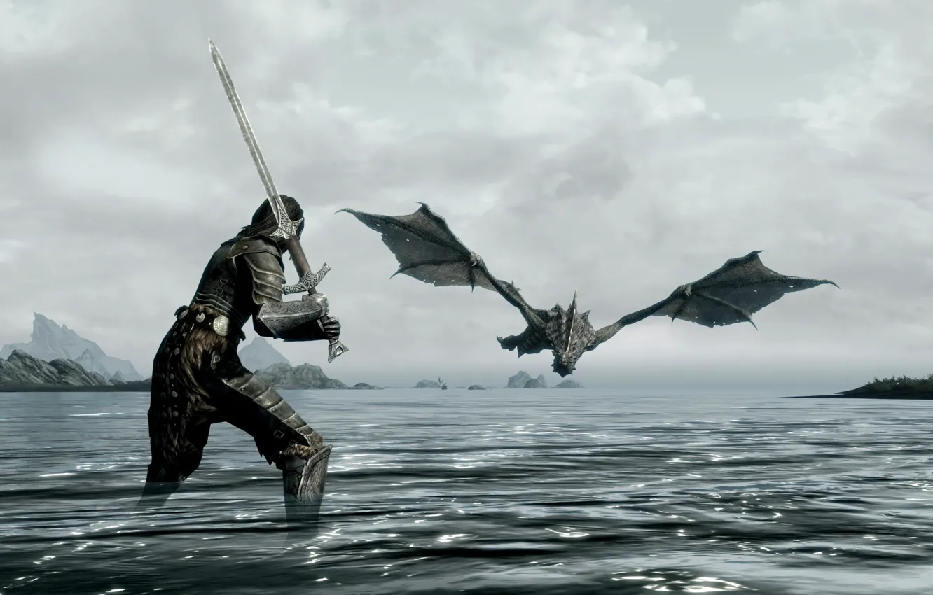 Фото обои море, дракон, меч, воин, the, skyrim, elder, scrolls