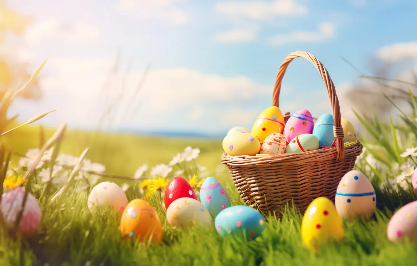 Фото обои цветы, корзина, поляна, яйца, весна, colorful, Пасха, happy