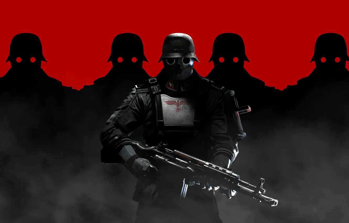 Фото обои оружие, маска, солдат, тени, каска, Wolfenstein: The New Order