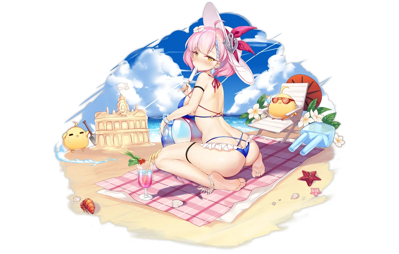 Фото обои girl, summer, sexy, ass, bra, cleavage, beach, pink hair